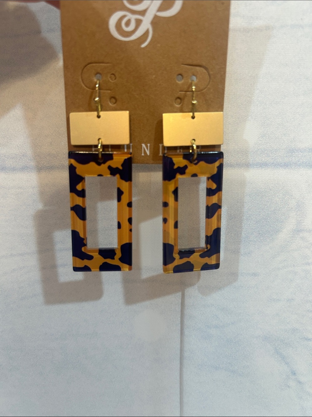 Plunder Gold and Tortoiseshell Navy Rectangular Drop Earrings